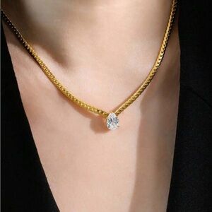 Gold Choker Necklace with Sparkling Gemstone Pendant Stainless Steel